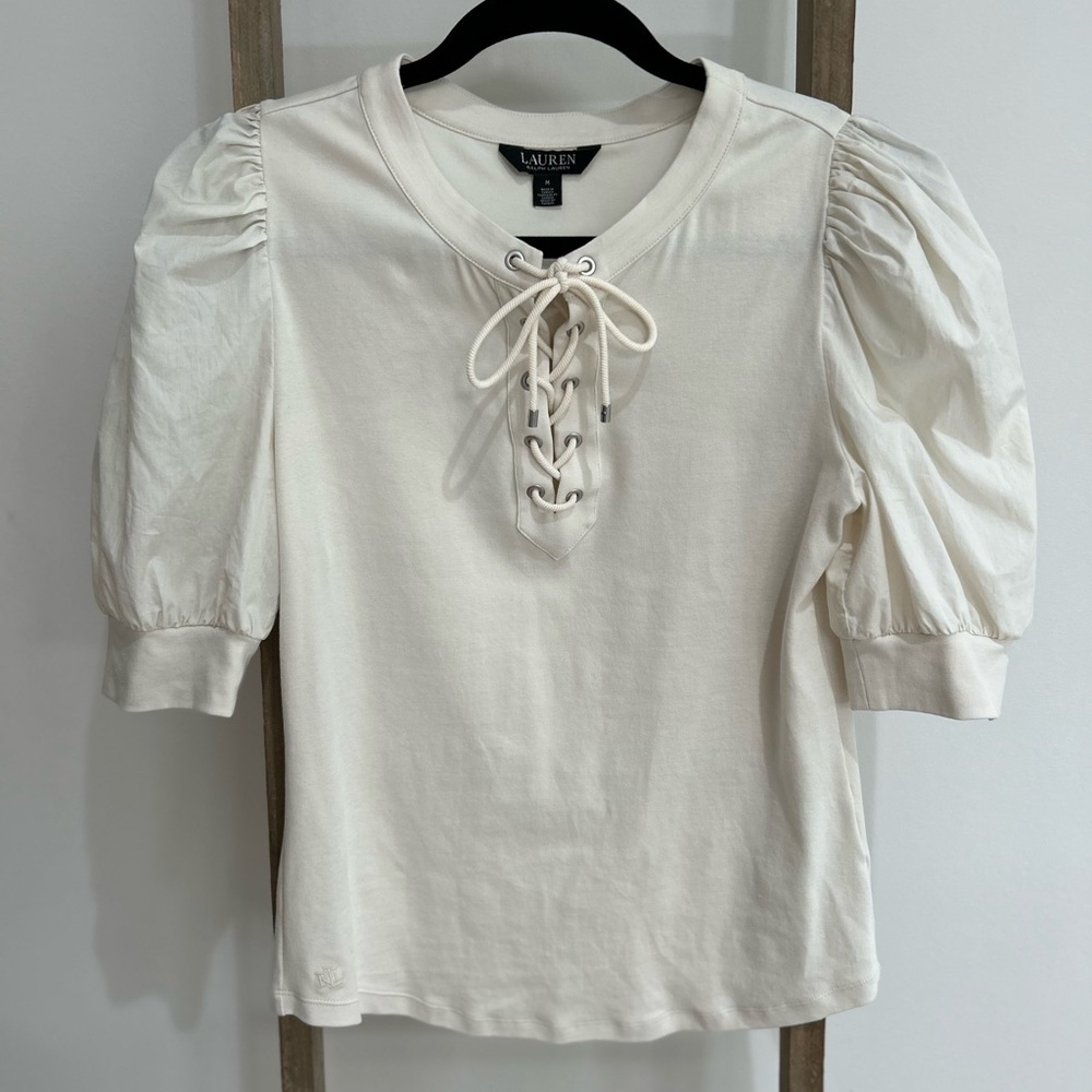 Lauren Ralph Lauren Cream Lace-Up Stretch Cotton Puff Sleeve Top! Size Medium